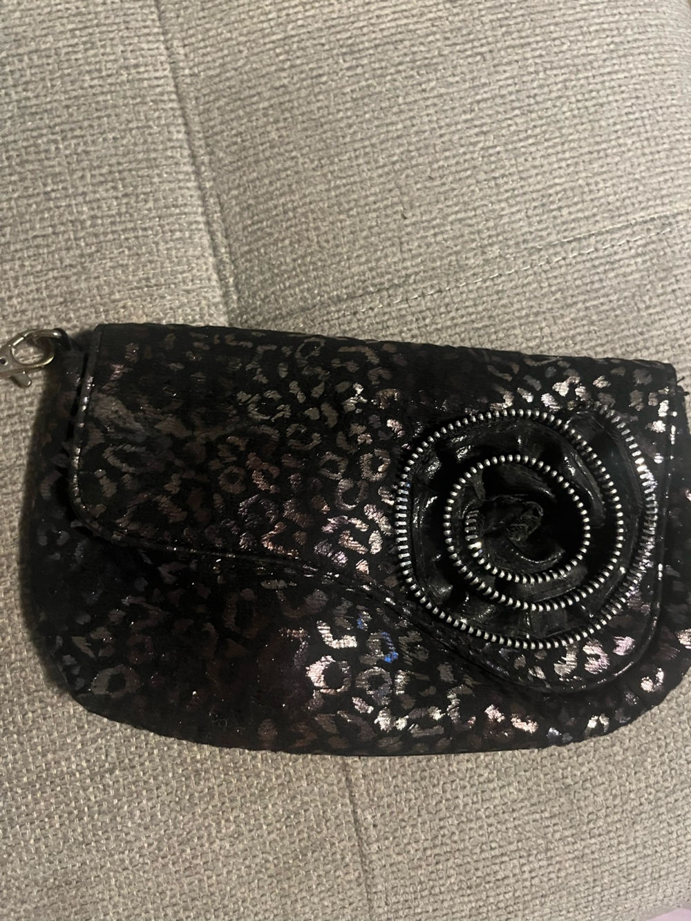 Black Metallic Leopard Print Wristlet Clutch